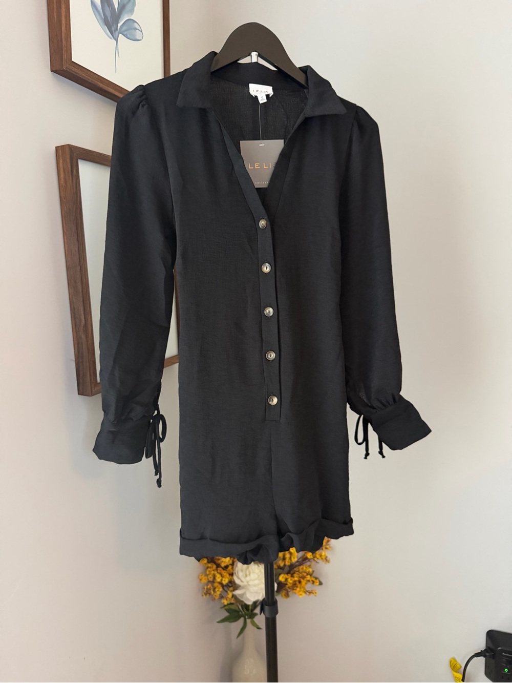 LeLis Collection Black Button-Front Mini Romper with Tie Cuffs